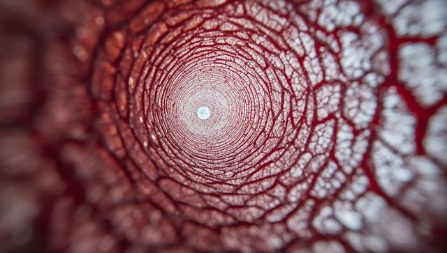 Concentric red vascular tunnel macro closeup with translucent filaments converging to light