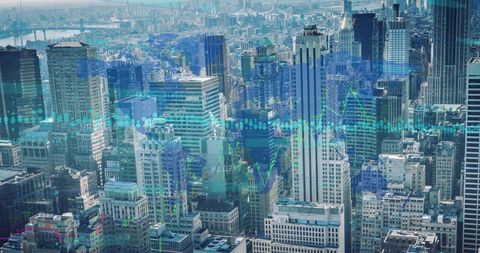 Financial data overlay on cityscape representing global business dynamics