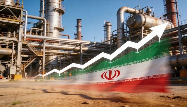 Iran oil sector growth concept flag overlay rising arrow over refinery industrial complex
