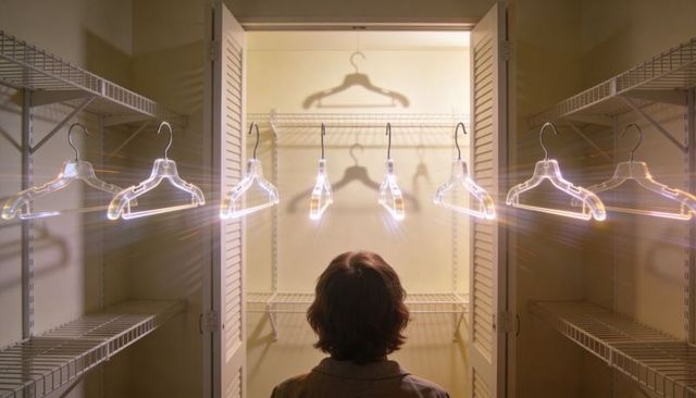 Person facing empty closet with glowing clear hangers and surreal wardrobe mood