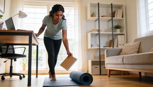 Woman leaning over yoga mat holding notebook near home desk work-from-home wellness routine