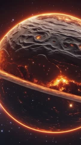 Rotating Ringed Lava Planet Revealing Molten Surface and Pulsing Orange Ring