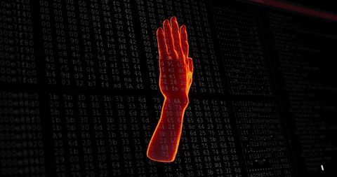 This visually striking portrayal of a glowing hand embedded with data points against a backdrop of binary code highlights the fusion of technology and human interaction through digital interfaces. Ideal for presentations on cybersecurity, technology advancements, or digital transformation brochures, this art symbolizes the interconnection between humans and machines in the modern technological landscape.