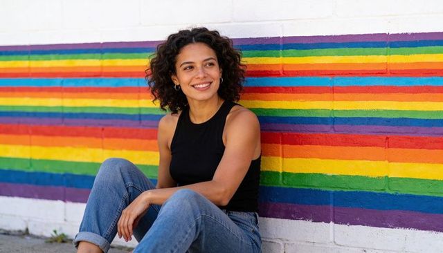 Smiling woman sitting by rainbow mural wearing black tank and rolled jeans, urban pride lifestyle