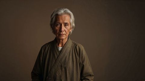Old people in brown robe expressing tranquility and wisdom