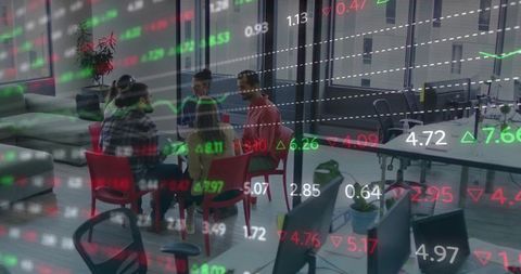 Diverse Team Brainstorming Amidst Financial Data Overlay in Modern Office