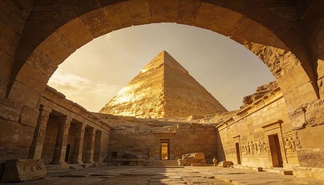 Framing golden pyramid reflecting sunlight through ancient temple arch