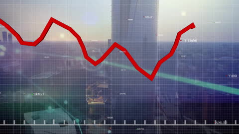 Animated Financial Chart Over Modern Skyline Reflection