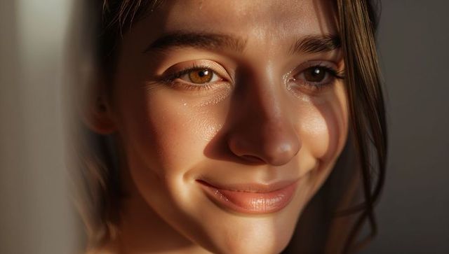 Sunlit smile closeup portrait with striped window light and warm golden hour glow