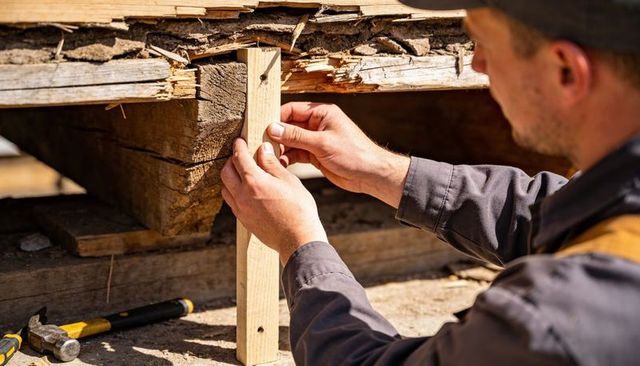 Contractor reinforcing rotted deck joist with wooden shim and hammer in sunlight