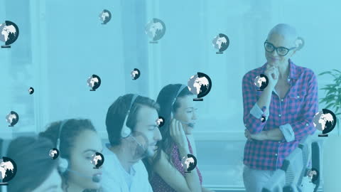 Customer Service Team Using Headsets with Digital Globe Graphics