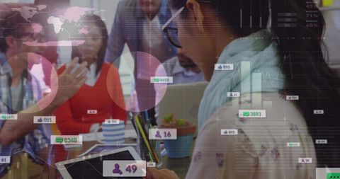 Businesswoman Analyzing Social Media Engagement Data in Modern Office