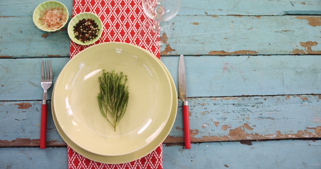 A minimalist table setting features a single sprig of dill on a pale yellow plate, accompanied by a fork and knife with red handles, a small bowl of seasoning, and a glass. The simplicity of the arrangement emphasizes the importance of fresh ingredients in culinary presentation.