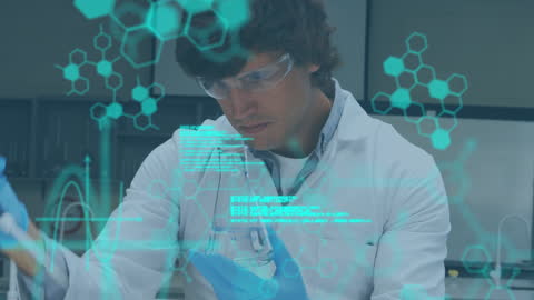 Scientist Conducting Research with Digital Interface Overlay in Laboratory