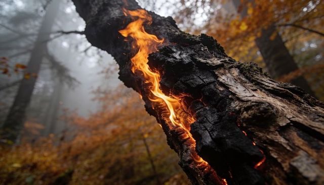 Flame traveling through charred tree trunk in foggy autumn forest