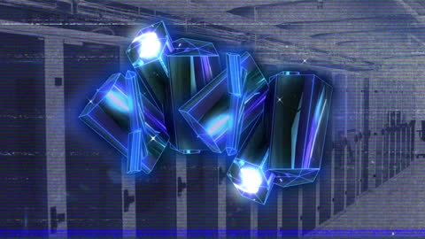 Futuristic 3D Crystals Over Digital Server Rack