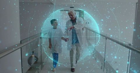 Doctor and Boy Walking in Futuristic Hospital with Holographic Interface