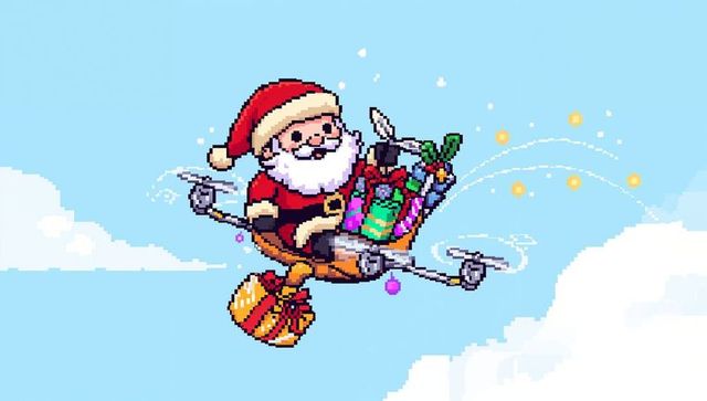 Pixel-art santa piloting drone sleigh delivering colorful gifts over blue sky retro holiday