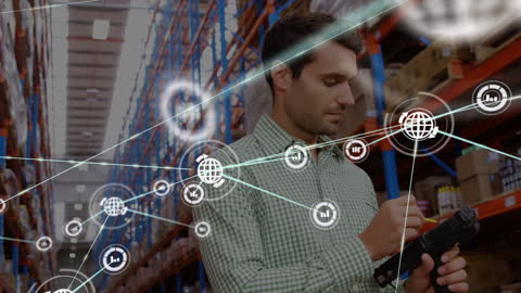 Warehouse Worker Analyzing Data with Digital Network Interface