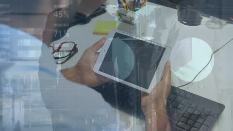 Businessman Analyzing Tablet with Digital Data Overlay