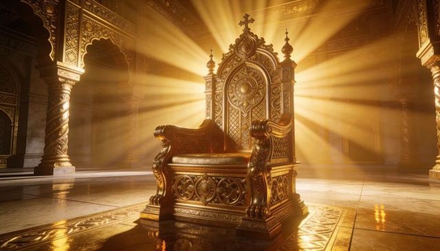 Gilded royal throne radiating sunbeams in ornate palace hall with marble columns
