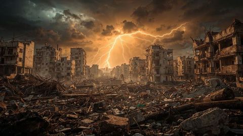 Apocalyptic lightning strike in war-torn earthquake ruins