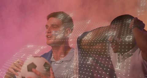 Friends Demonstrating Virtual Reality and Soccer in Futuristic Setting