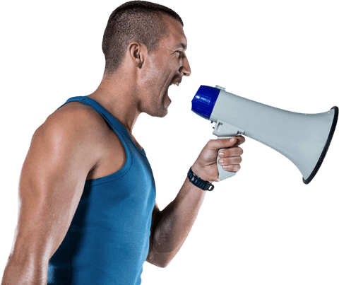 Transparent angry male trainer yelling with megaphone