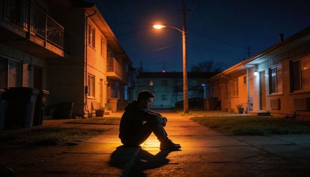Young man sitting on sidewalk under streetlight at night, urban solitude and reflection