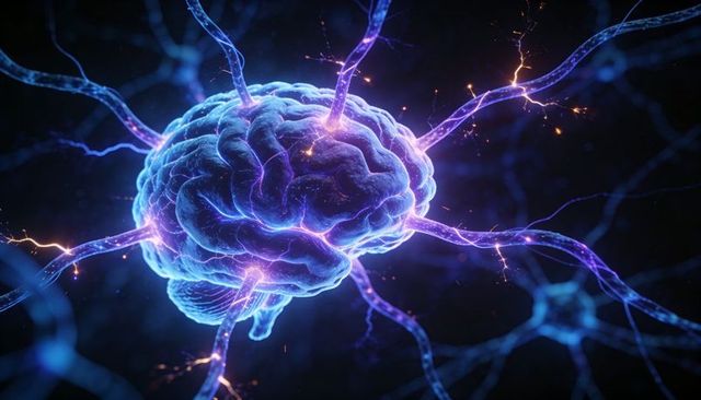 Glowing neural network brain core emitting electric synapses, pulsing 3d futuristic ai