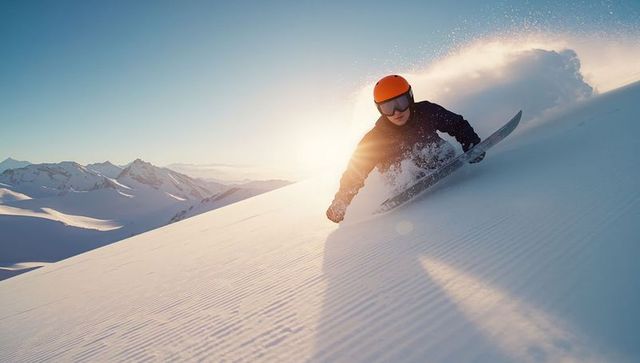 Dynamic Snowboarder Carving Down Sunlit Mountain Slope in Winter