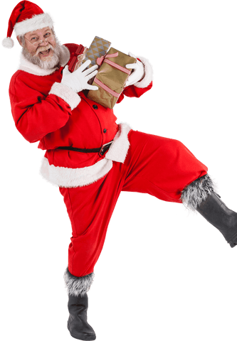 Transparent Playful Santa Claus Holding Present with Joyful Expression