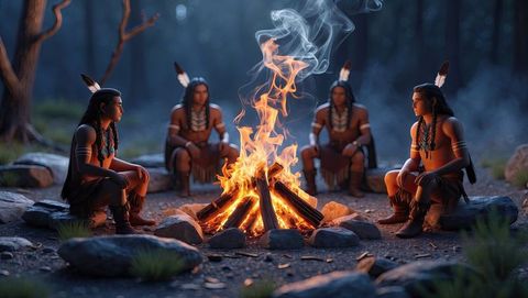 Native american tribal gathering around campfire in forest dusk