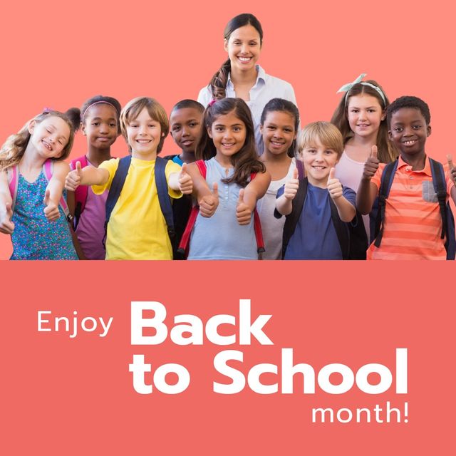 Composite of portrait of happy multiracial children with teacher and enjoy back to school month text. copy space, thumbs up, peach background, student, togetherness, childhood, education and school.
