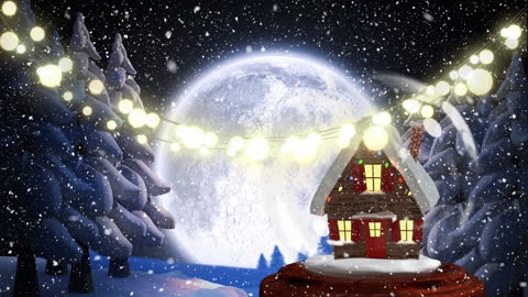 Charming Winter Cottage Under Moonlit Sky with Festive Lights