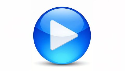 Glossy blue circular play button icon with white triangle glyph, glowing 3d media control