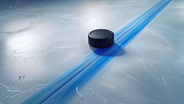 Hockey Puck with Dynamic Blue Streak on Ice Rink