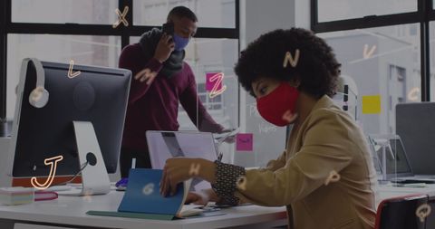 Diverse Business Team Wearing Masks Collaborating in Office with Digital Overlay