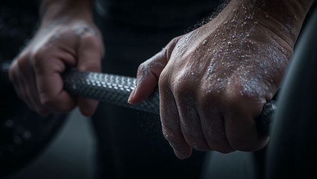 Chalk-dusted hands gripping knurled barbell bar during heavy lift closeup
