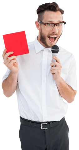 confident hipster businessman with microphone holding red notebook - Download Free Stock Videos Pikwizard.com