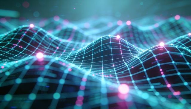 Neon cyber grid undulating with glowing magenta nodes over futuristic digital landscape