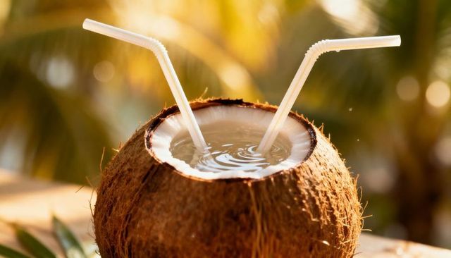 Sunlit halved coconut holding fresh coconut water with two bendable straws