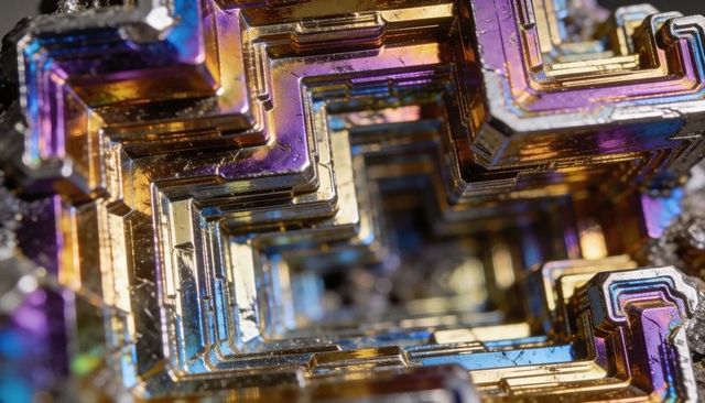 Revealing iridescent bismuth crystal forming terraced concentric tunnel in macro detail