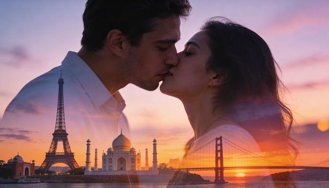 Kissing couple double exposure blending eiffel tower taj mahal golden gate at sunset