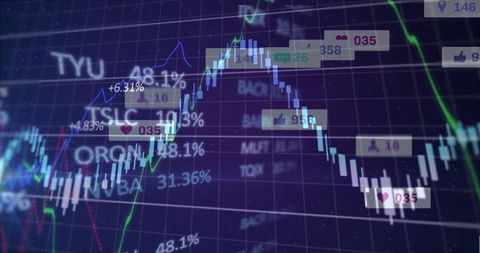 Trading interface with candlesticks and social icons on digital grid background