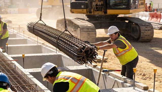 Guiding rebar cage with crane into concrete footing on construction site