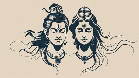 Ethereal Divine Couple Illustrative Art on Beige Background