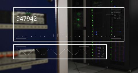 Digital numbers and graph over data server room indicating growth