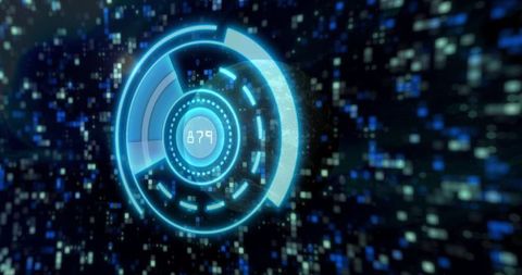 Futuristic neon blue hud interface with 879 digital readout