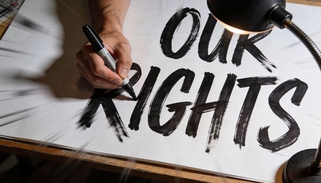 Hand lettering 'our rights' protest sign with bold brush marker and desk lamp
